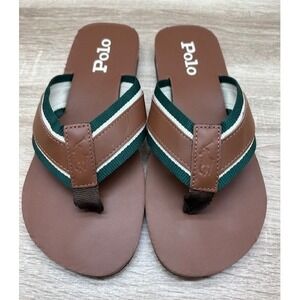 Polo Ralph Lauren Men's Vintage Bolt Leather Flip-Flops Tan/New Forest NEW - 9D